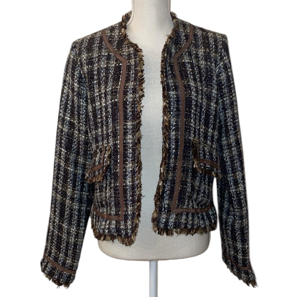 True Meaning‎ Brown Multi Color Tweed Fringe Jacket Blazer Size 12
